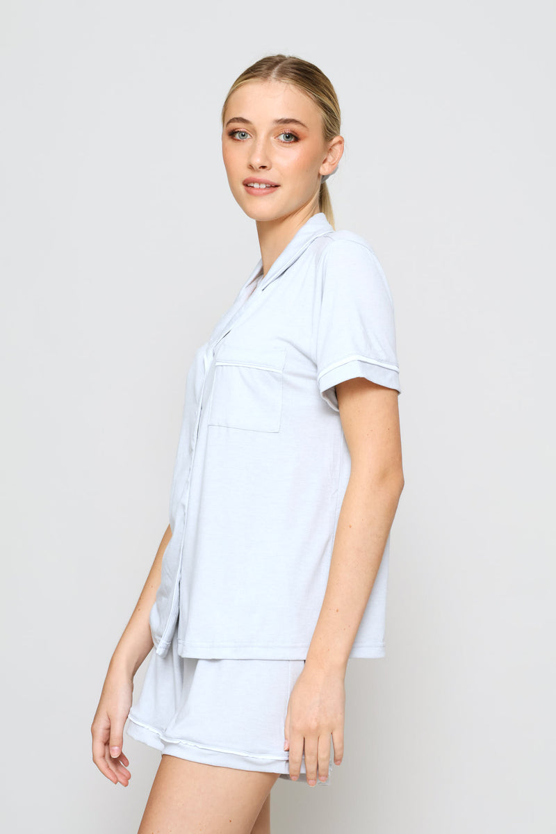 Button Through Knit Viscose Blend Short Sleep Set - Light Grey