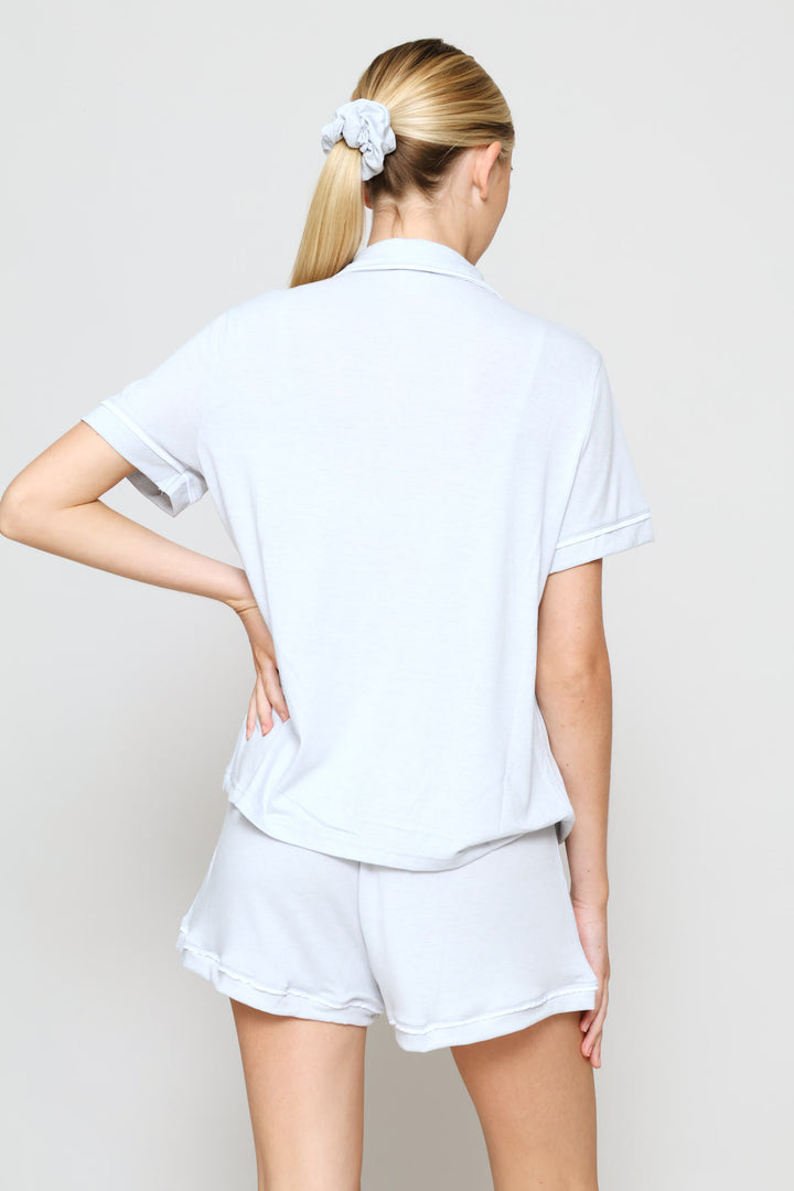 Button Through Knit Viscose Blend Short Sleep Set - Light Grey