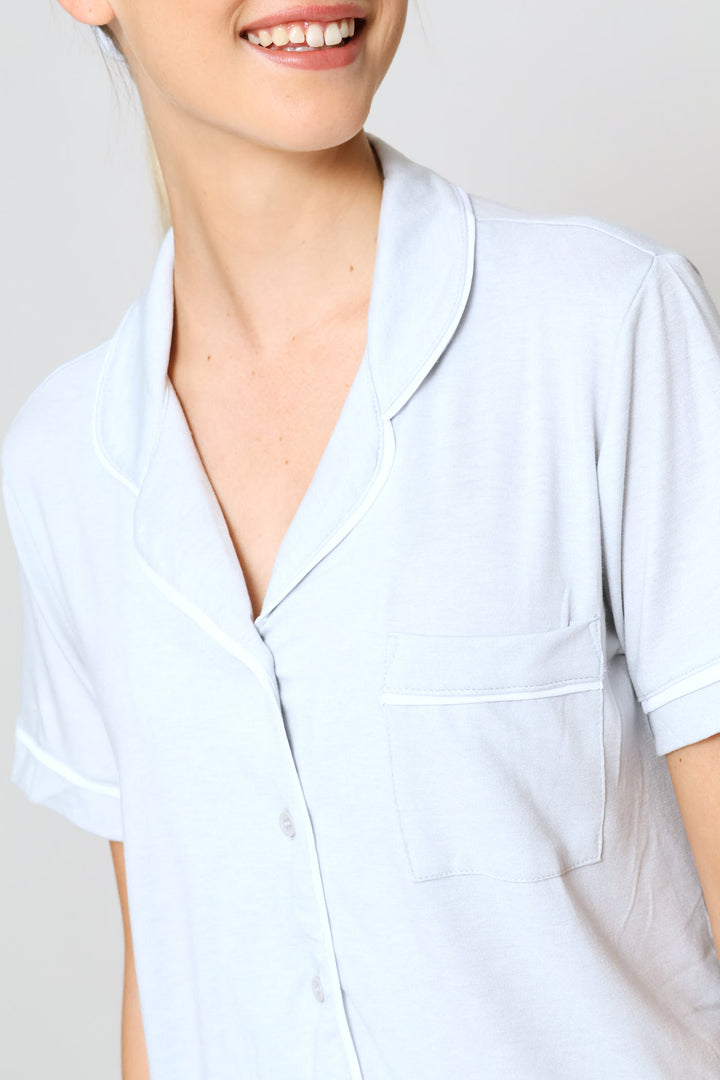 Button Through Knit Viscose Blend Short Sleep Set - Light Grey