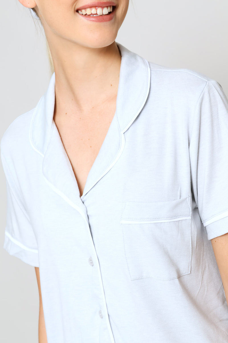 Button Through Knit Viscose Blend Short Sleep Set - Light Grey