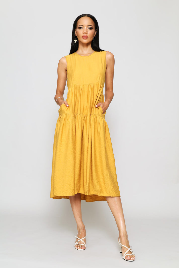 Sleeveless Curved Tiered Volume Midaxi Dress - Honey