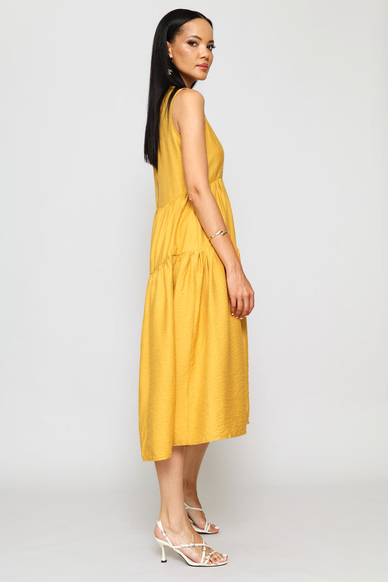 Sleeveless Curved Tiered Volume Midaxi Dress - Honey