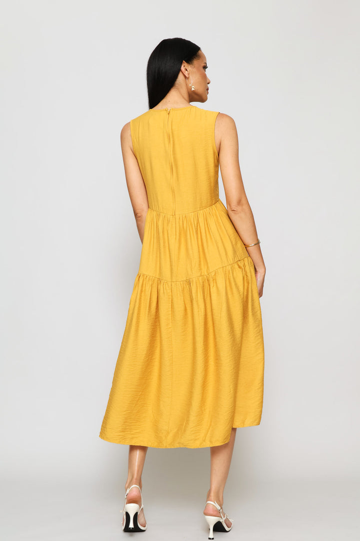 Sleeveless Curved Tiered Volume Midaxi Dress - Honey