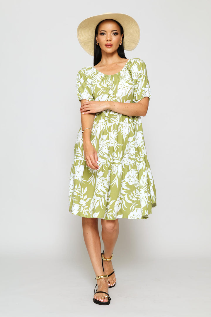 Printed Tiered Gypsy Mini Dress - Chartreuse/Multi