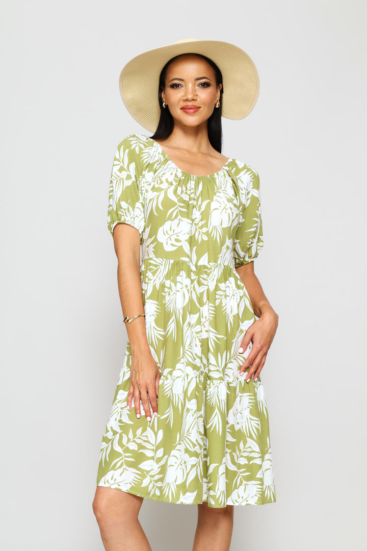 Printed Tiered Gypsy Mini Dress - Chartreuse/Multi
