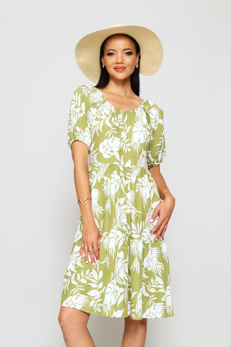 Printed Tiered Gypsy Mini Dress - Chartreuse/Multi