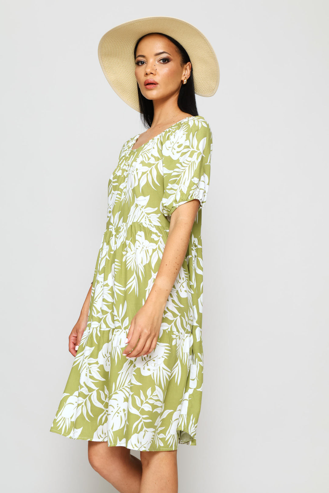 Printed Tiered Gypsy Mini Dress - Chartreuse/Multi