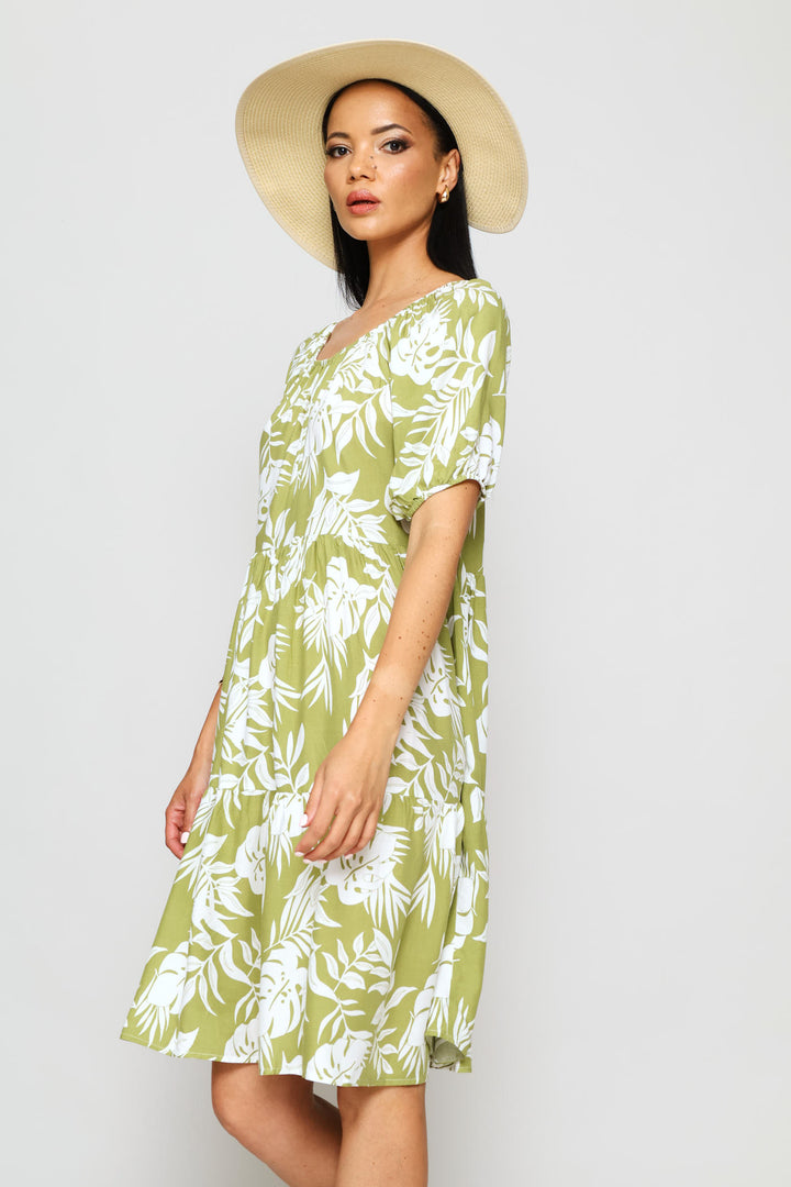 Printed Tiered Gypsy Mini Dress - Chartreuse/Multi