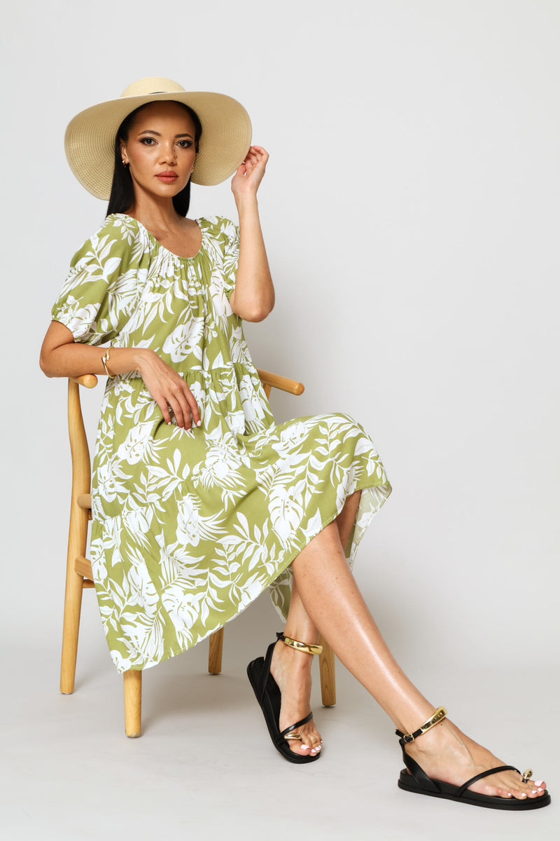 Printed Tiered Gypsy Mini Dress - Chartreuse/Multi