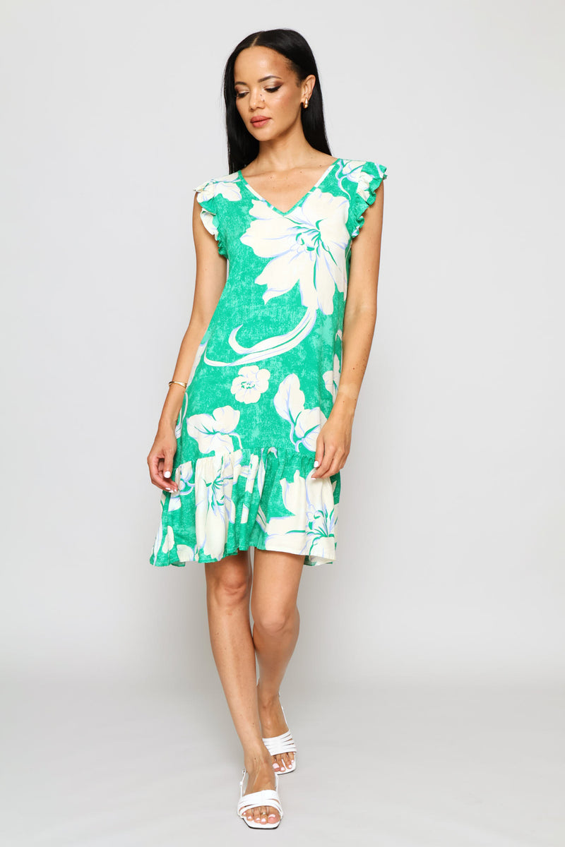 V-Neck Frill Sleeve Tie-Back Mini Dress - Green/White