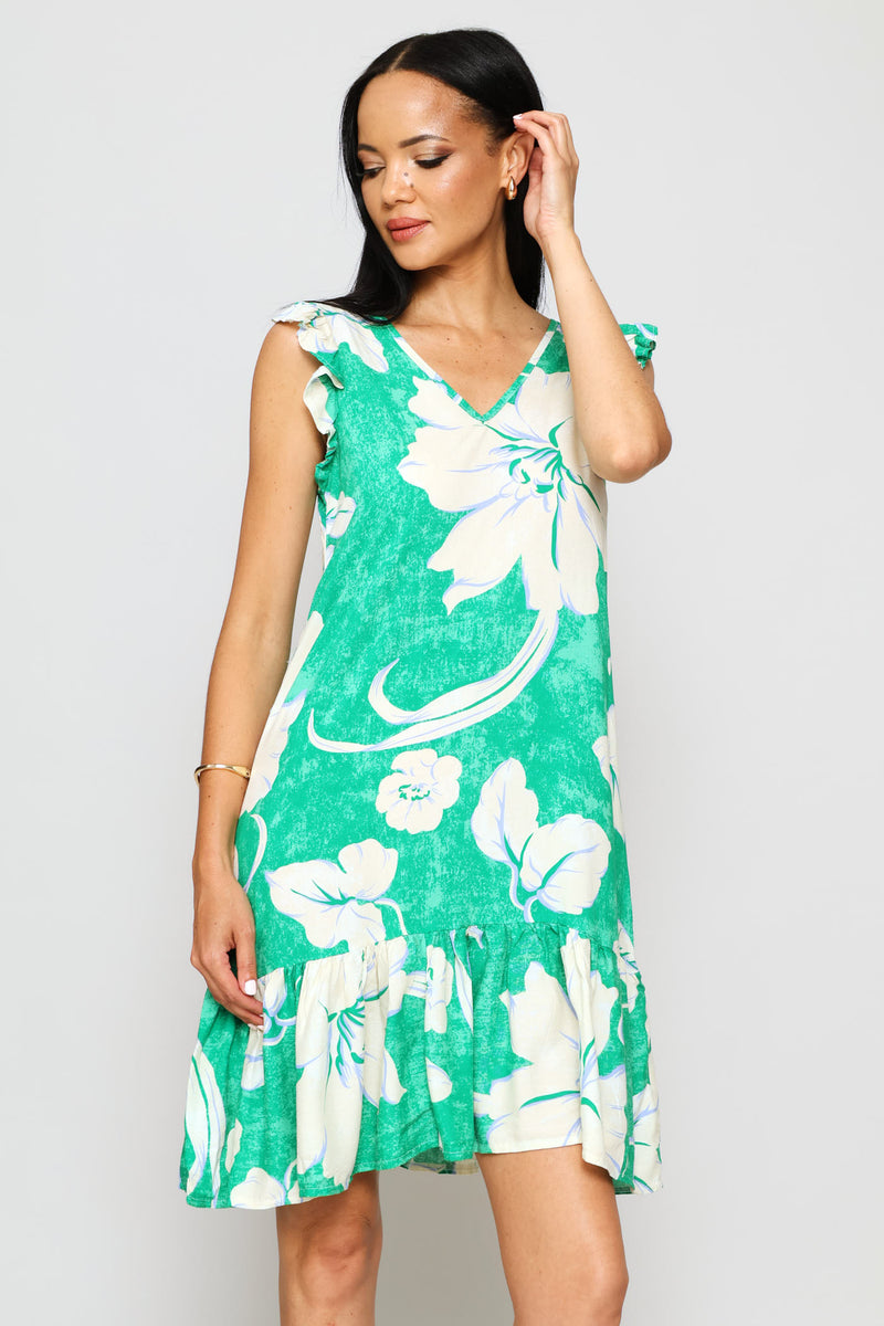 V-Neck Frill Sleeve Tie-Back Mini Dress - Green/White