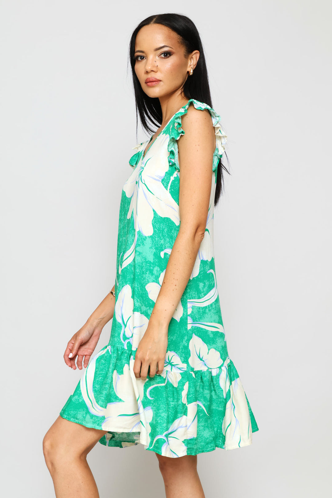 V-Neck Frill Sleeve Tie-Back Mini Dress - Green/White