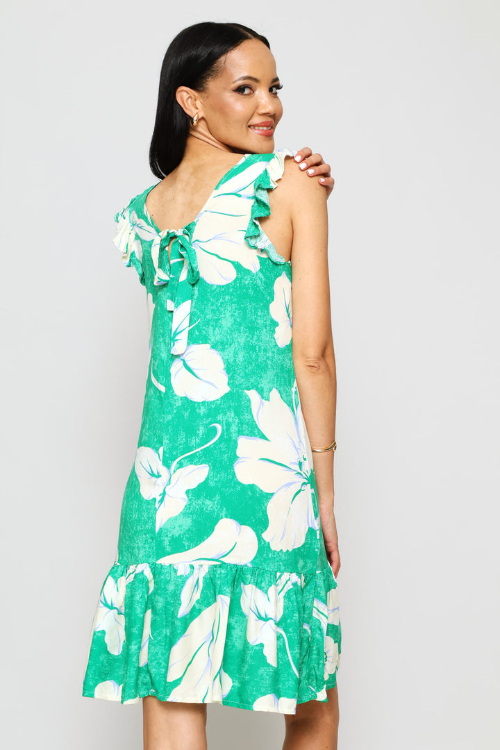 V-Neck Frill Sleeve Tie-Back Mini Dress - Green/White