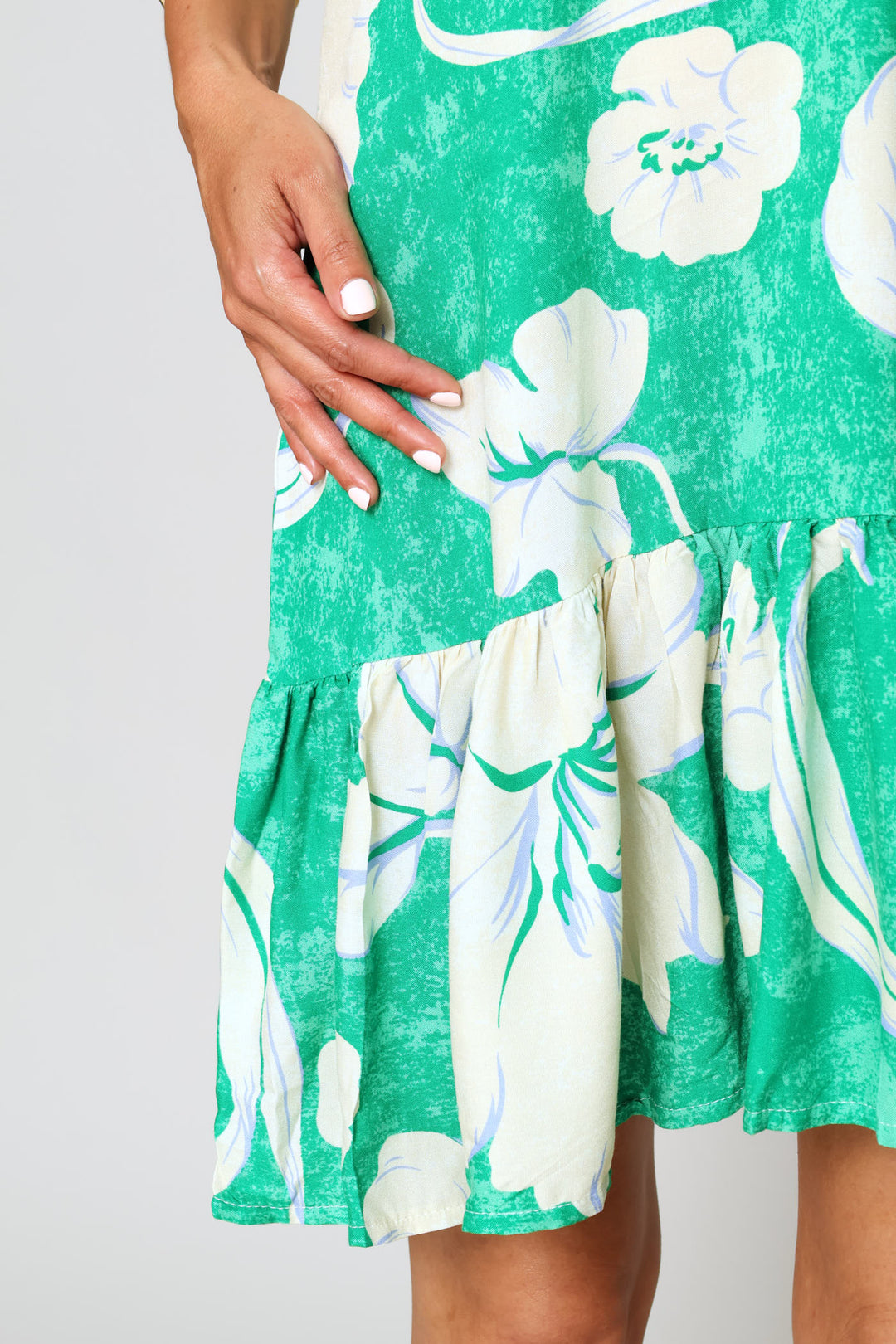 V-Neck Frill Sleeve Tie-Back Mini Dress - Green/White