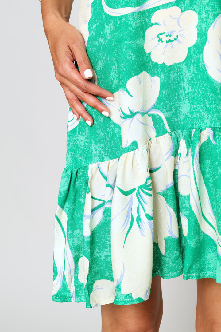 V-Neck Frill Sleeve Tie-Back Mini Dress - Green/White
