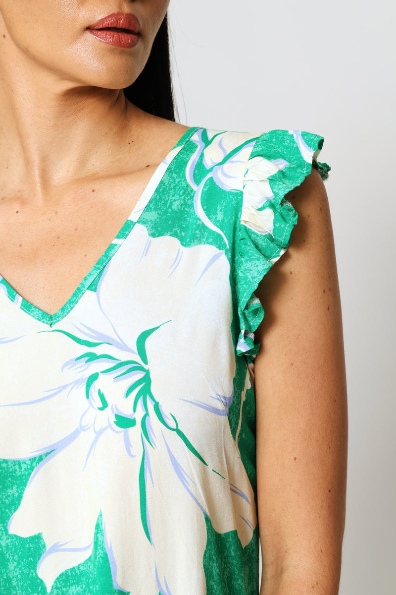 V-Neck Frill Sleeve Tie-Back Mini Dress - Green/White