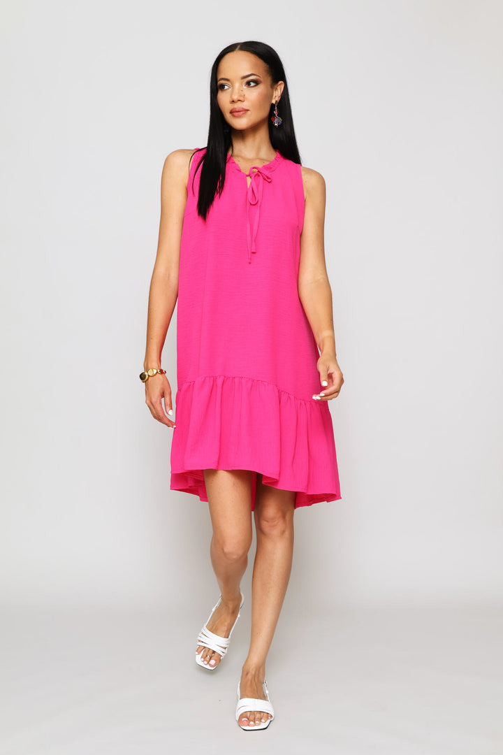 Frill Neck Frill Hem Mini Dresses - Fuchsia