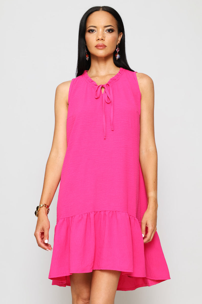 Frill Neck Frill Hem Mini Dresses - Fuchsia