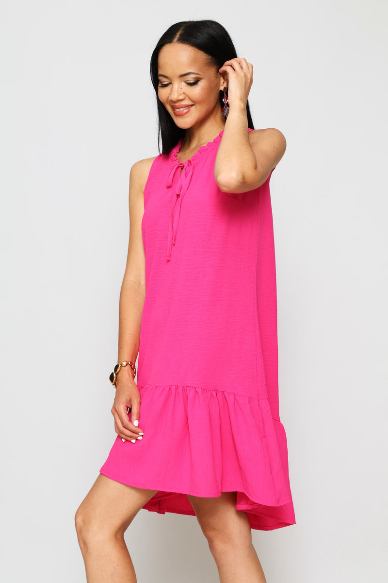 Frill Neck Frill Hem Mini Dresses - Fuchsia
