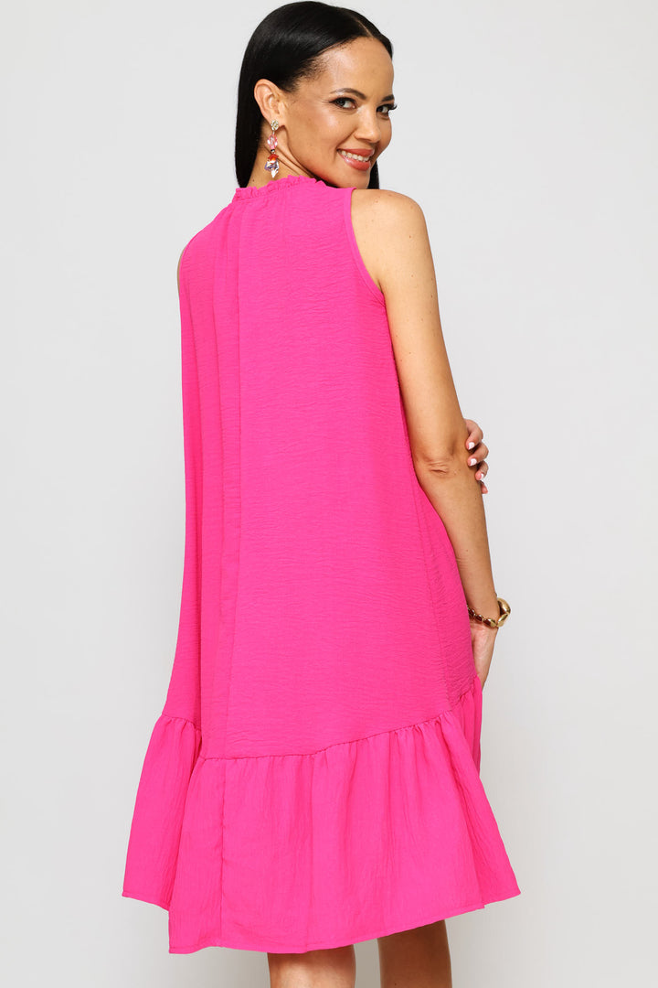Frill Neck Frill Hem Mini Dresses - Fuchsia