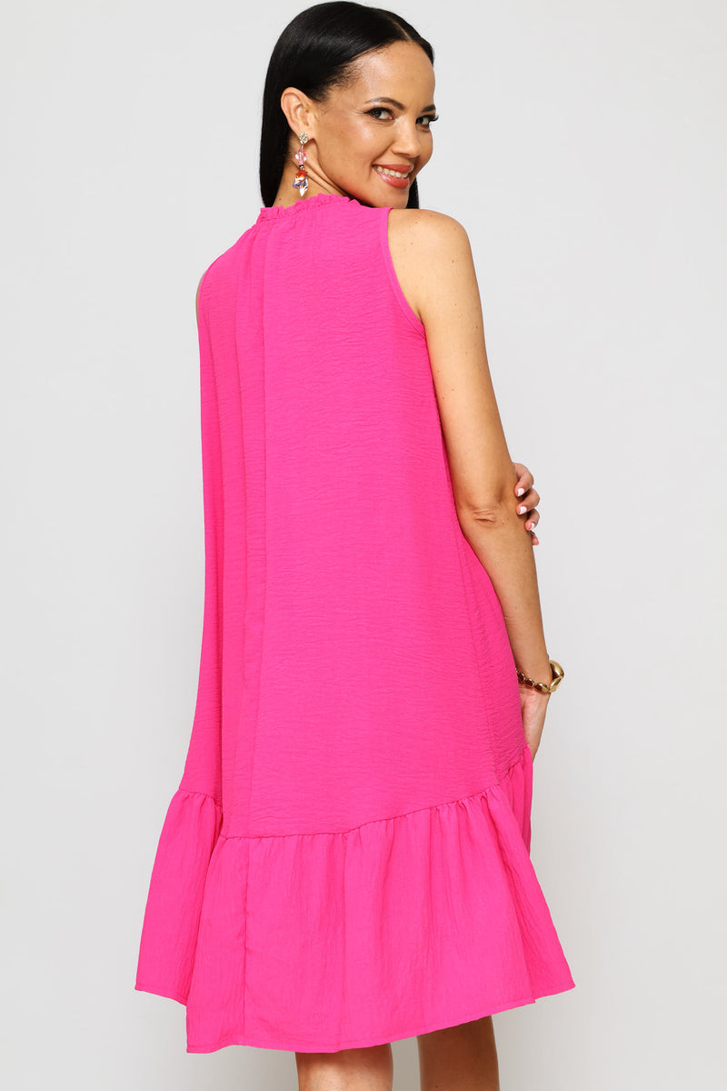 Frill Neck Frill Hem Mini Dresses - Fuchsia