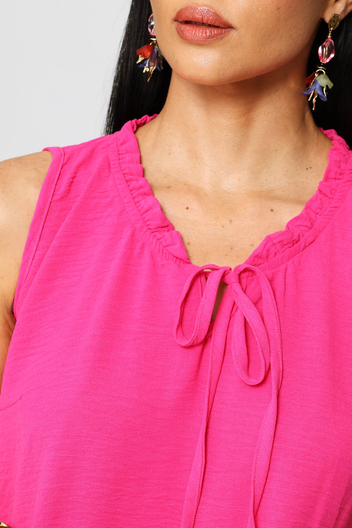 Frill Neck Frill Hem Mini Dresses - Fuchsia