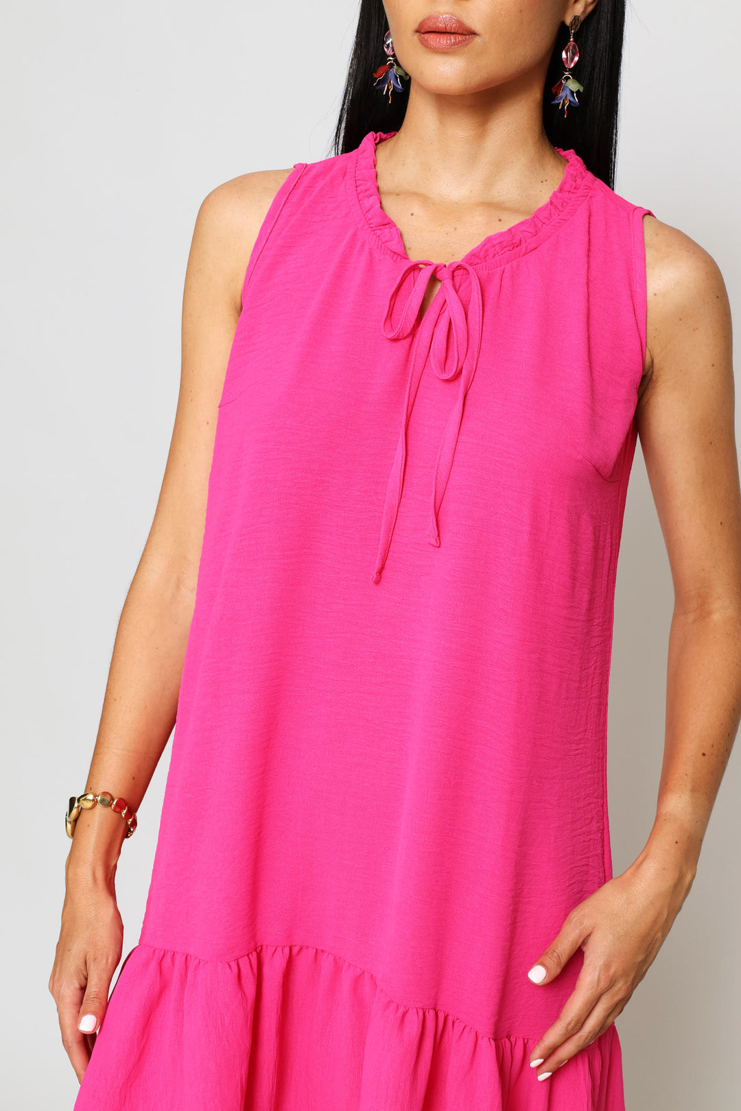 Frill Neck Frill Hem Mini Dresses - Fuchsia