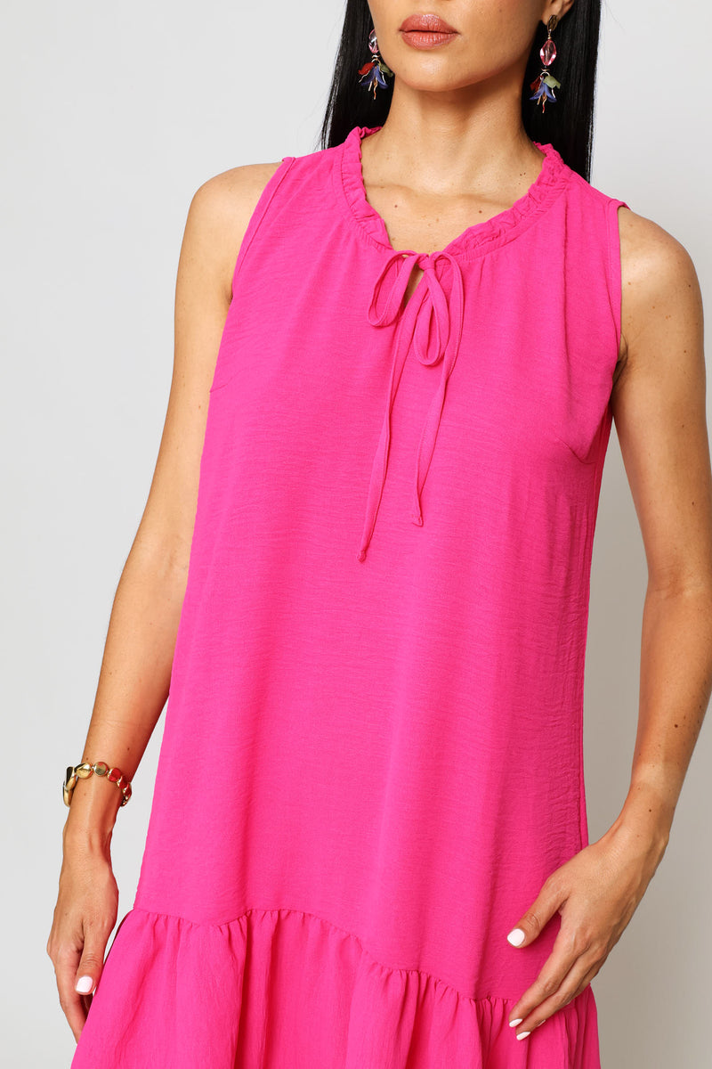 Frill Neck Frill Hem Mini Dresses - Fuchsia