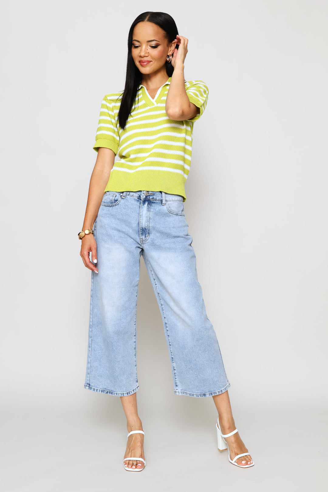 Mid Rise Cropped Wide Leg Denim - Light Stonewash