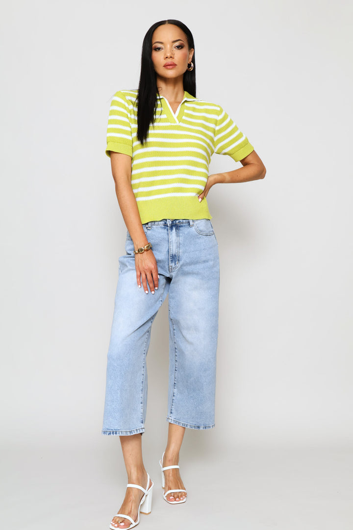 Johnny Collar Knitwear Top - White/Chartreuse