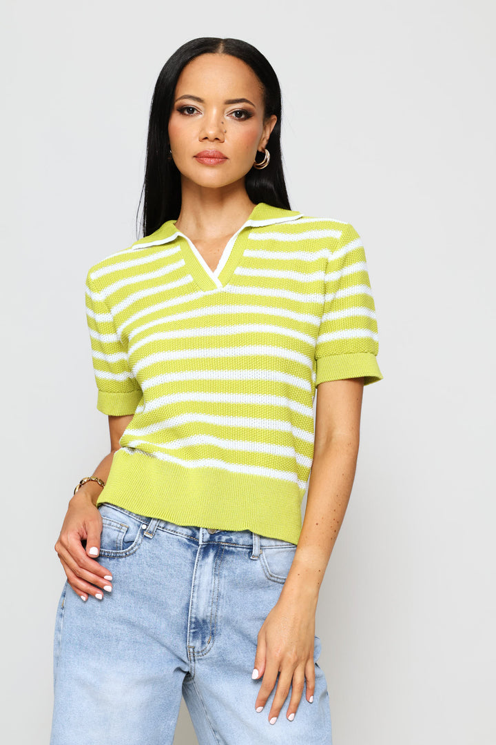 Johnny Collar Knitwear Top - White/Chartreuse