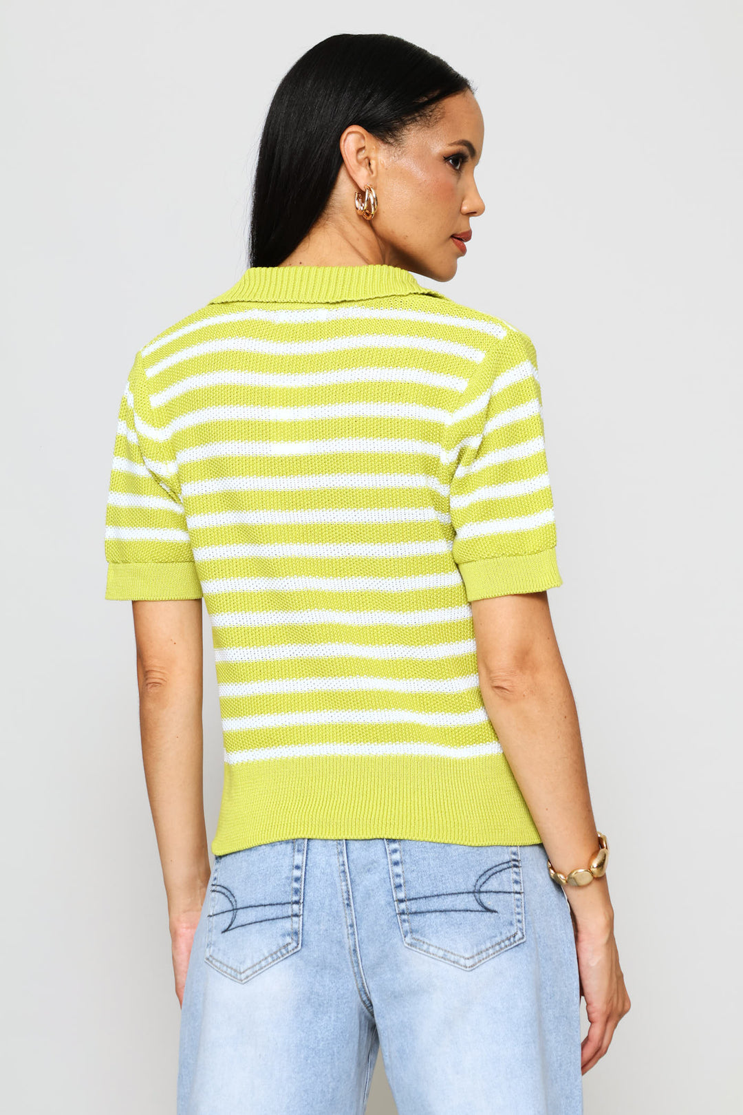 Johnny Collar Knitwear Top - White/Chartreuse