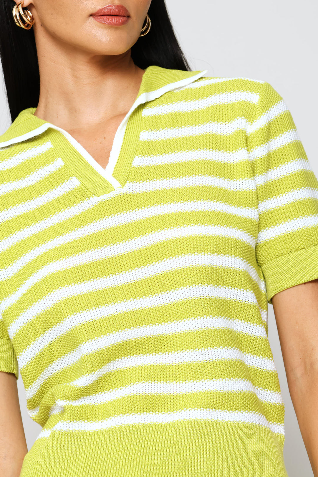 Johnny Collar Knitwear Top - White/Chartreuse