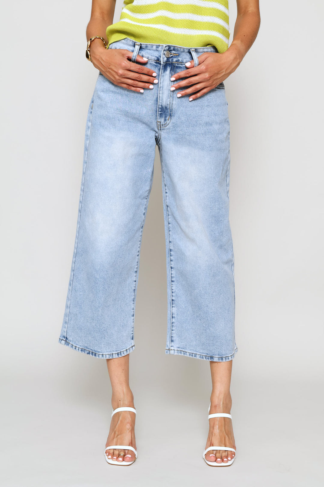 Mid Rise Cropped Wide Leg Denim - Light Stonewash