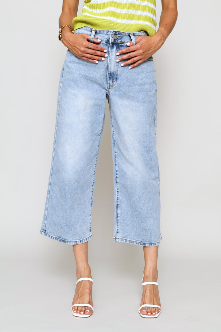 Mid Rise Cropped Wide Leg Denim - Light Stonewash