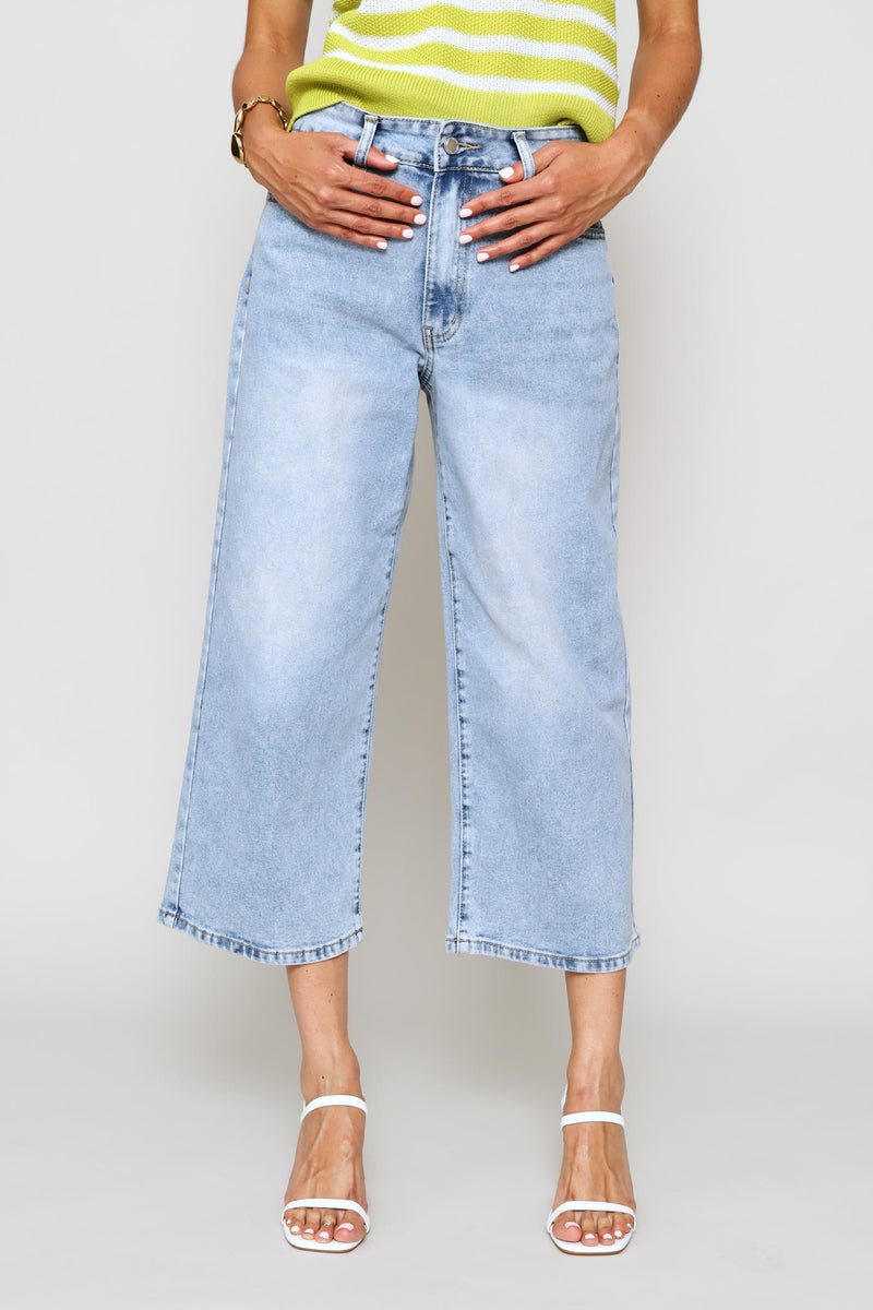 Mid Rise Cropped Wide Leg Denim - Light Stonewash