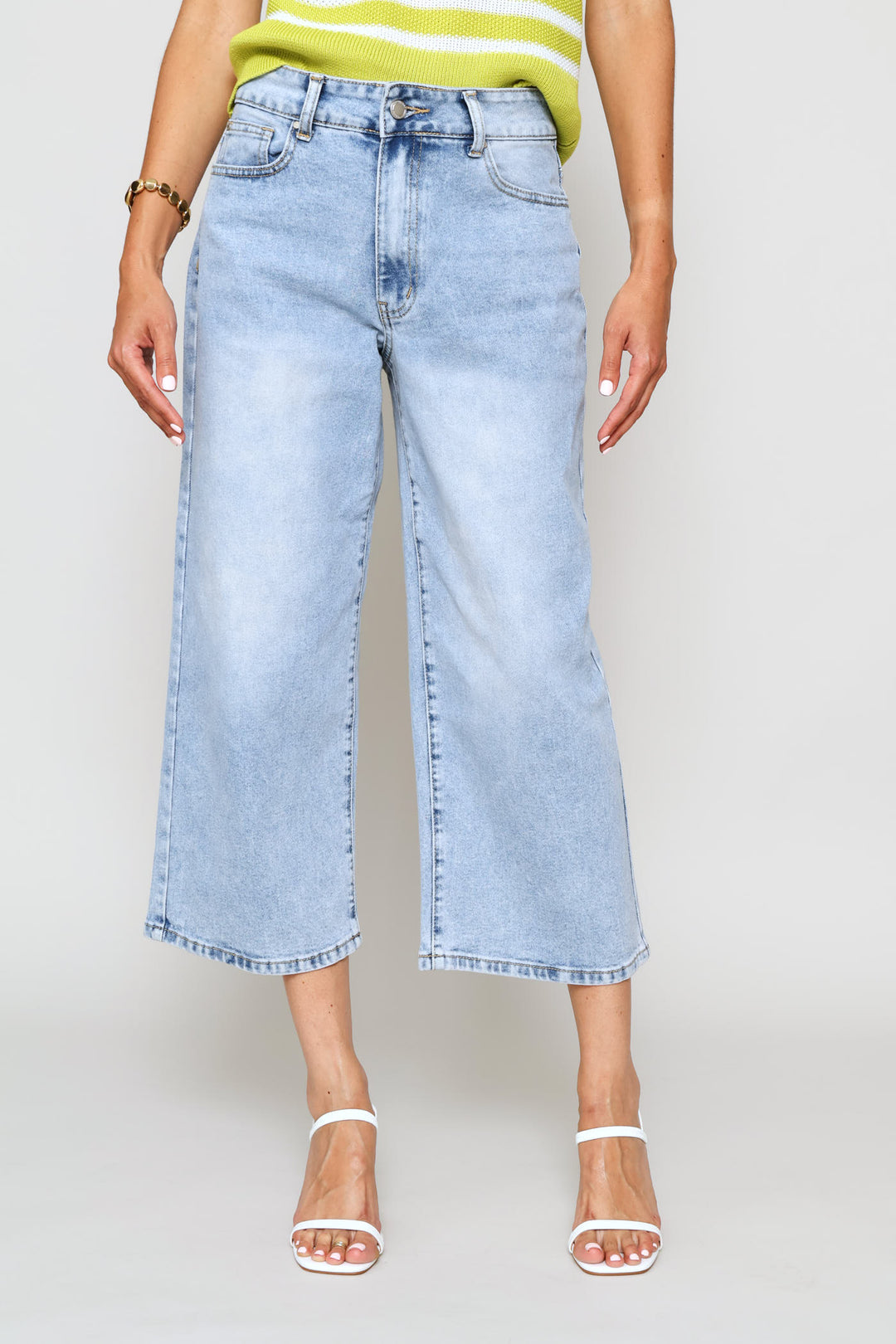 Mid Rise Cropped Wide Leg Denim - Light Stonewash