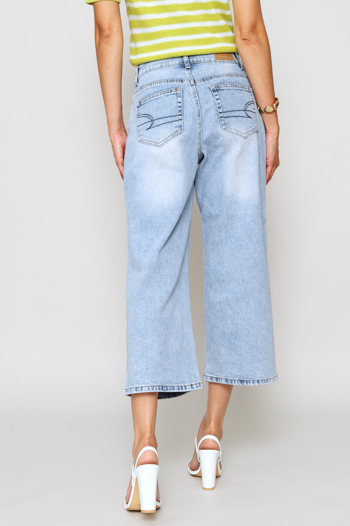 Mid Rise Cropped Wide Leg Denim - Light Stonewash