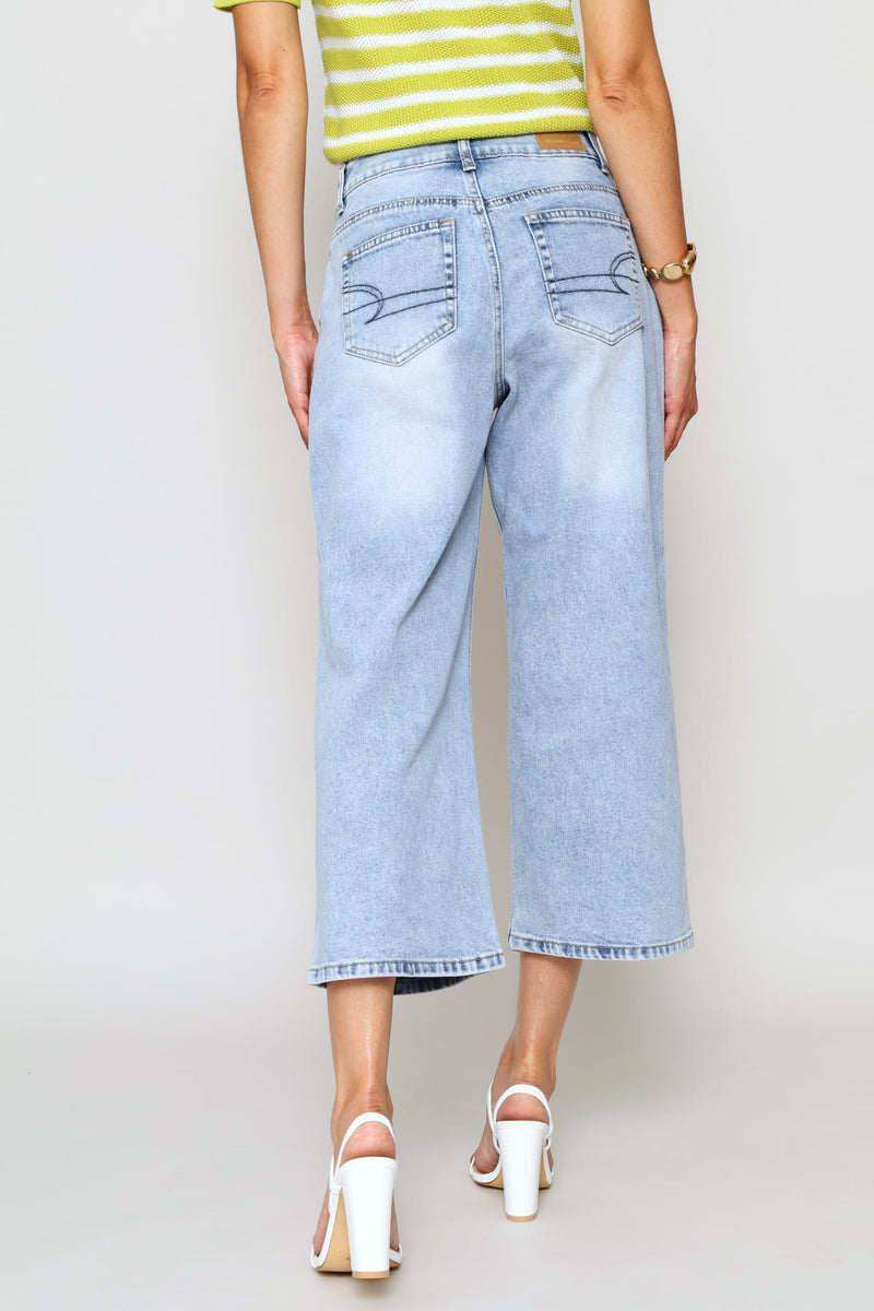 Mid Rise Cropped Wide Leg Denim - Light Stonewash
