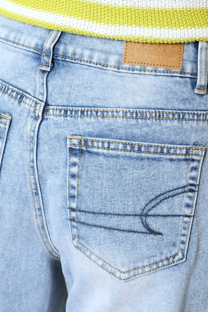 Mid Rise Cropped Wide Leg Denim - Light Stonewash
