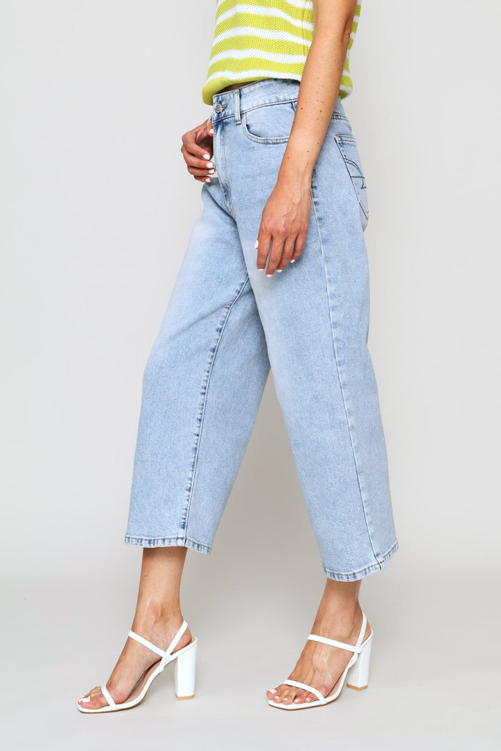 Mid Rise Cropped Wide Leg Denim - Light Stonewash
