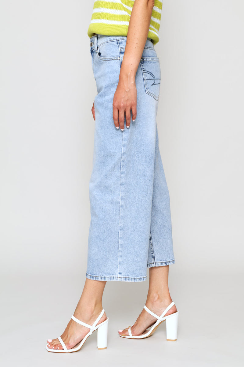 Mid Rise Cropped Wide Leg Denim - Light Stonewash