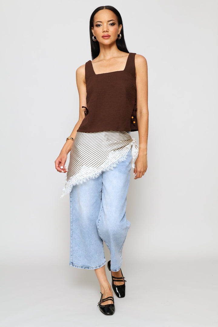 Lace Edge Stripe Satin Feel Scarf - Cream