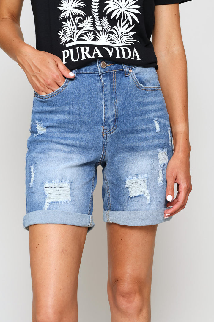 Rip & Repair Roll Hem Bermuda Short - Stonewash