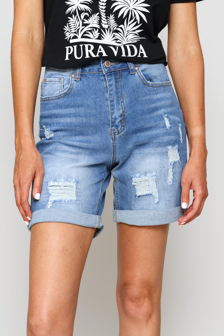 Rip & Repair Roll Hem Bermuda Short - Stonewash