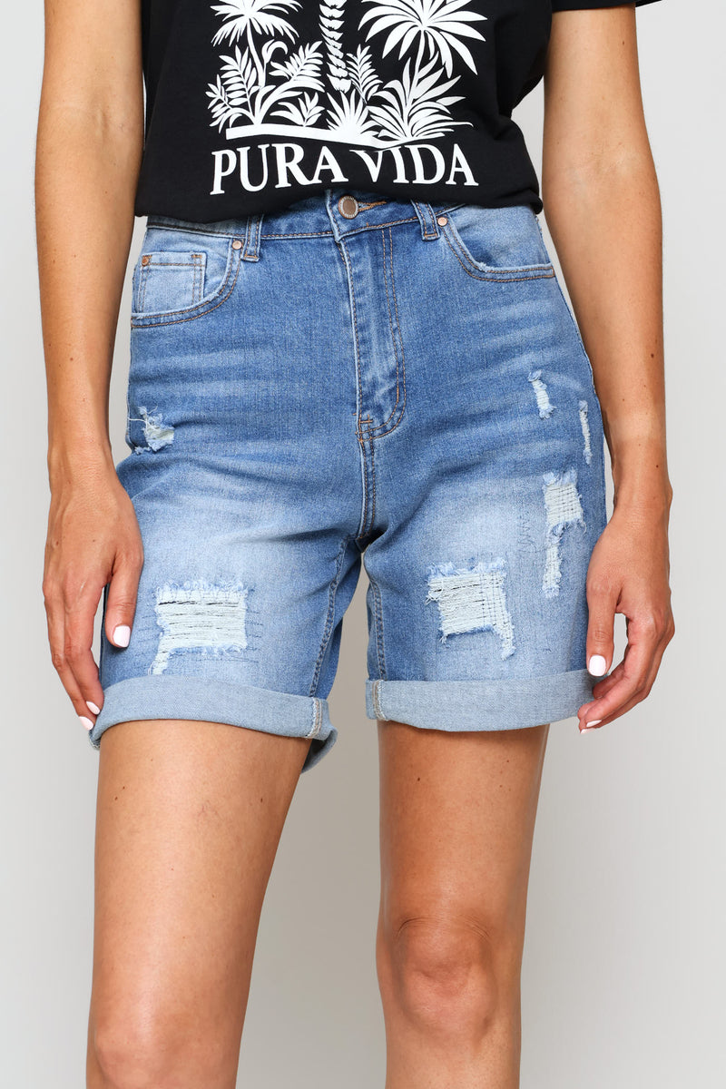 Rip & Repair Roll Hem Bermuda Short - Stonewash