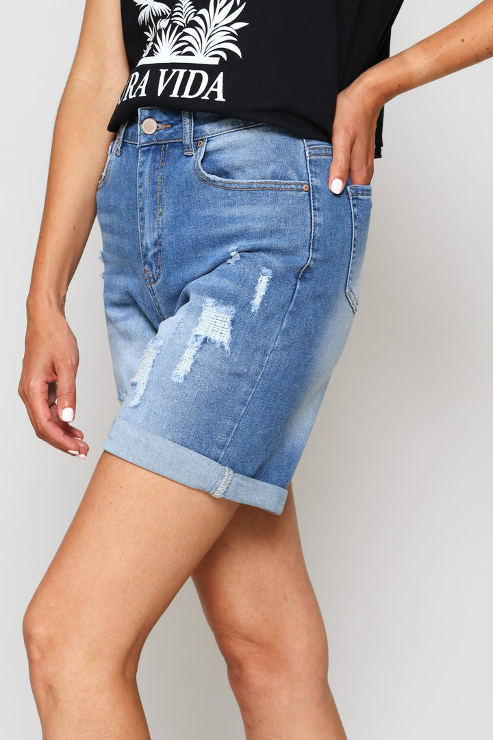 Rip & Repair Roll Hem Bermuda Short - Stonewash