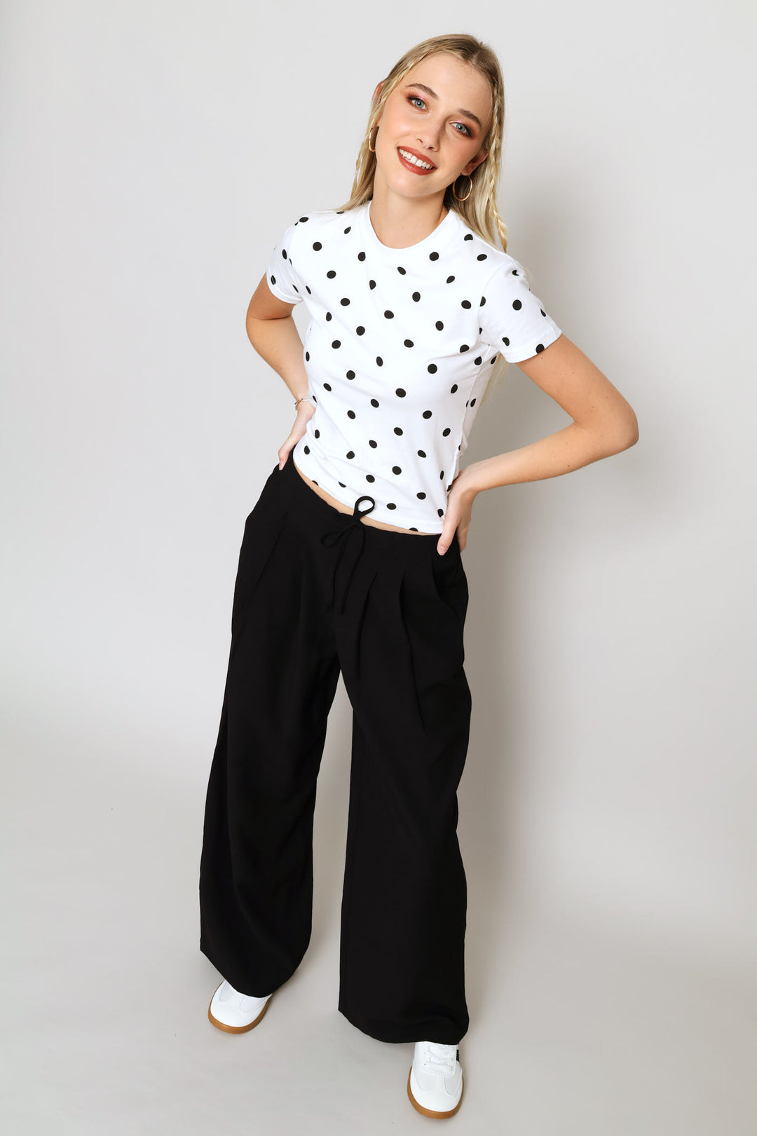 Tie Front Pleated Wide Leg Pants - Black