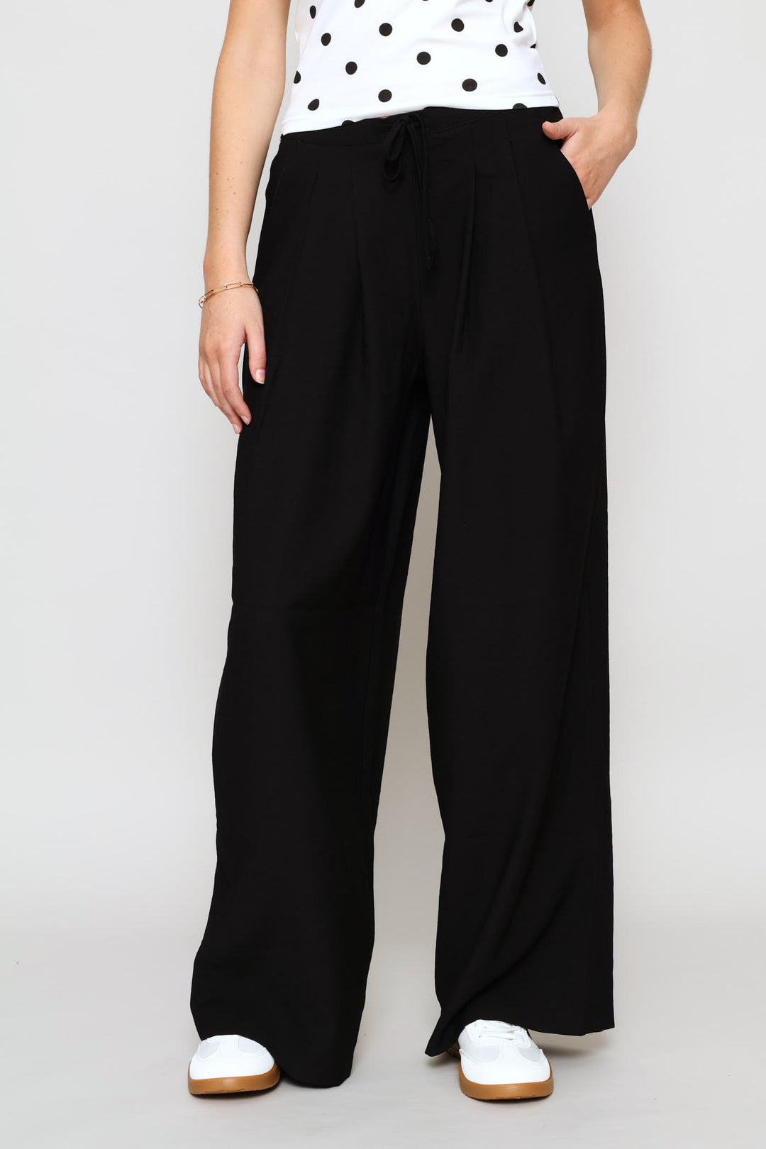 Tie Front Pleated Wide Leg Pants - Black