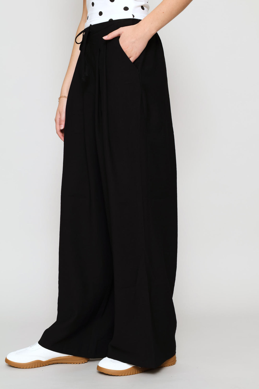 Tie Front Pleated Wide Leg Pants - Black